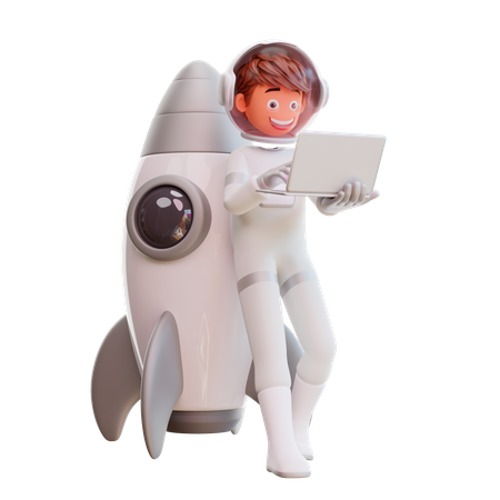 Cute astronaut tanding and holding laptop 3D Illustration