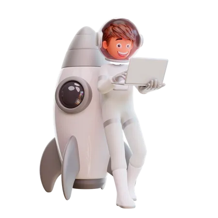 Cute astronaut tanding and holding laptop 3D Illustration
