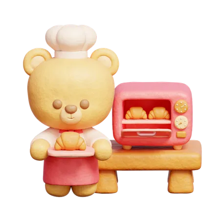3 D Cute Bear Wears Chef Uniform Baking Dessert 3 D Rendering 3D Icon