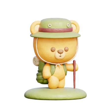 3 D Cute Bear Hiking With Backpack Outdoor Camping Holiday Vacation 3D Illustration