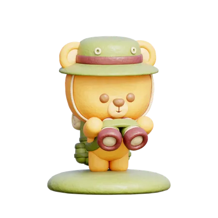 3 D Cute Bear Hiking With Backpack And Binoculars Outdoor Camping Holiday Vacation 3D Illustration