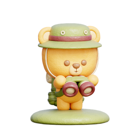 Cute Bear Hiking With Backpack And Binoculars  3D Illustration