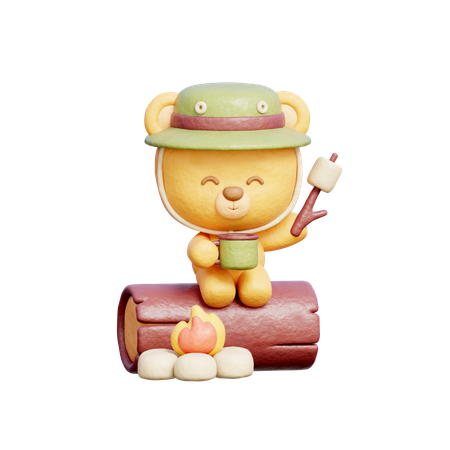 Cute Bear Roasting Marshmallow On Bonfire  3D Illustration