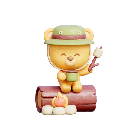 3 D Cute Bear Roasting Marshmallow On Bonfire Outdoor Camping Holiday Vacation 3D Illustration