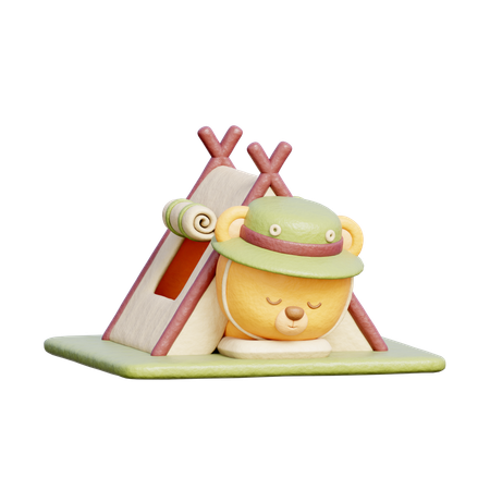 Cute Bear Sleeping With Camping Tent  3D Illustration