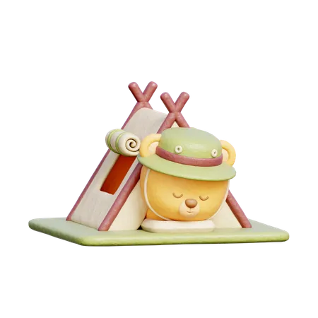 3 D Cute Bear Sleeping In Camping Tent Hiking Adventure Holiday Vacation 3D Illustration