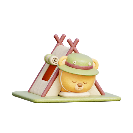 Cute Bear Sleeping With Camping Tent  3D Illustration