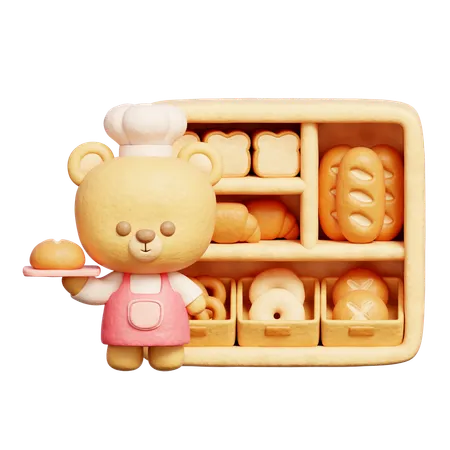 3 D Cute Bear Wears Chef Uniform Holding Bread 3 D Rendering 3D Icon