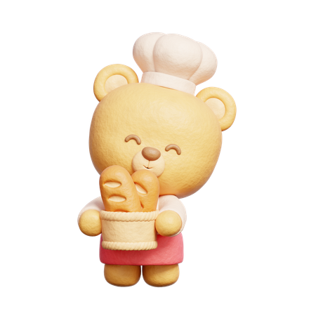 Cute Bear Wears Chef Uniform Holding Bread  3D Icon