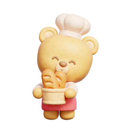 Cute Bear Wears Chef Uniform Holding Bread  3D Icon