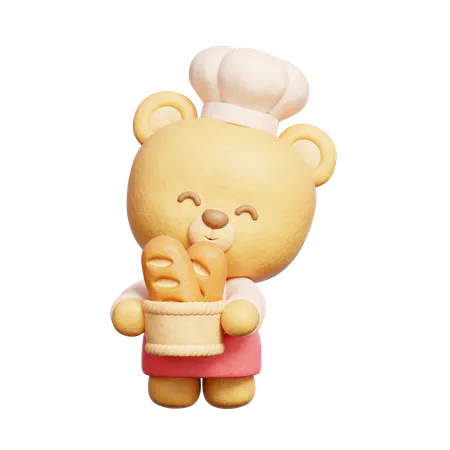 3 D Cute Bear Wears Chef Uniform Holding Bread 3 D Rendering 3D Icon