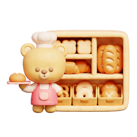 Cute Bear Wears Chef Uniform Holding Bread  3D Icon