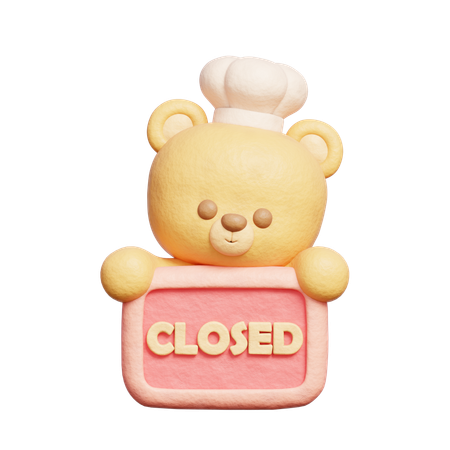 Cute Bear Wears Chef Uniform Holding Closed Sign  3D Icon
