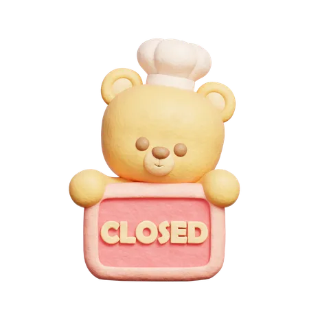 3 D Cute Bear Wears Chef Uniform Holding Closed Sign 3 D Rendering 3D Icon