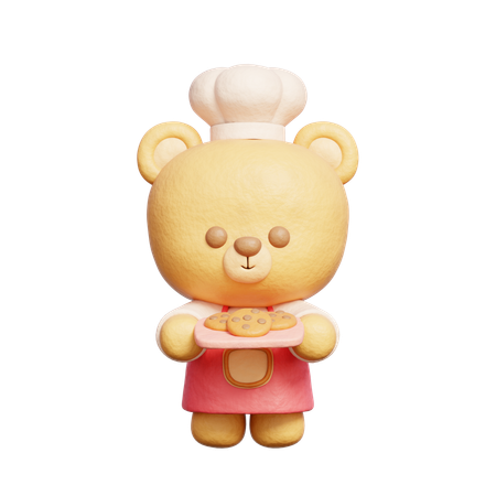 Cute Bear Wears Chef Uniform Holding Cookies  3D Icon