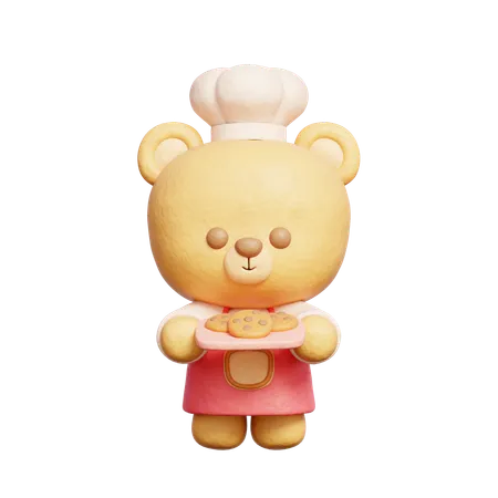3 D Cute Bear Wears Chef Uniform Holding Cookies 3 D Rendering 3D Icon
