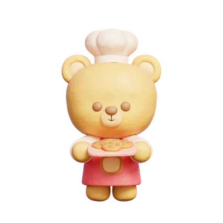 Cute Bear Wears Chef Uniform Holding Cookies  3D Icon