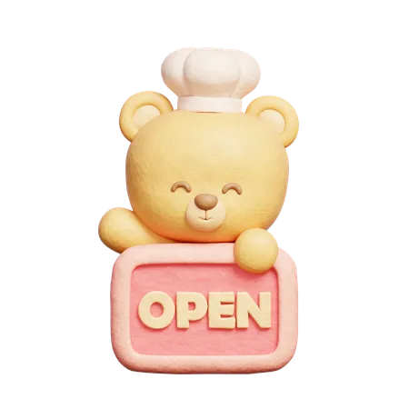 3 D Cute Bear Wears Chef Uniform Holding Open Sign 3 D Rendering 3D Icon