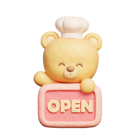 Cute Bear Wears Chef Uniform Holding Open Sign  3D Icon