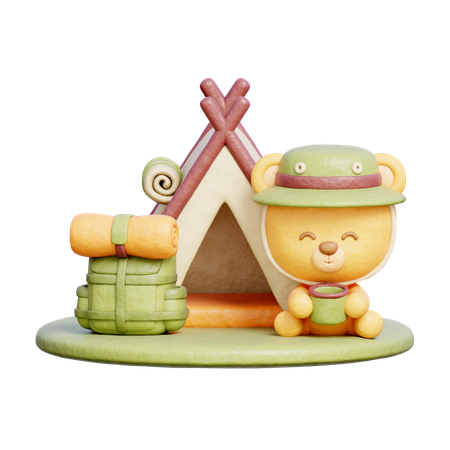 Cute Bear With Camping Tent  3D Illustration