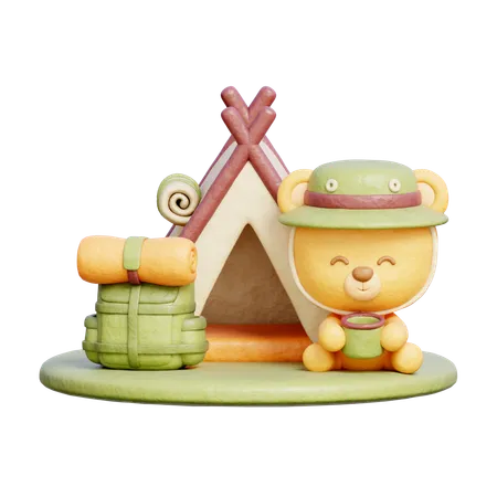 3 D Cute Bear With Camping Tent And Backpack Hiking Adventure Holiday Vacation 3D Illustration