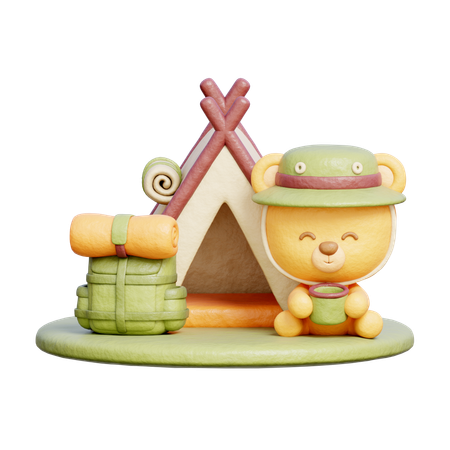 Cute Bear With Camping Tent  3D Icon