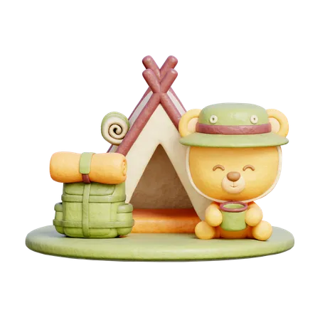 Cute Bear With Camping Tent  3D Illustration