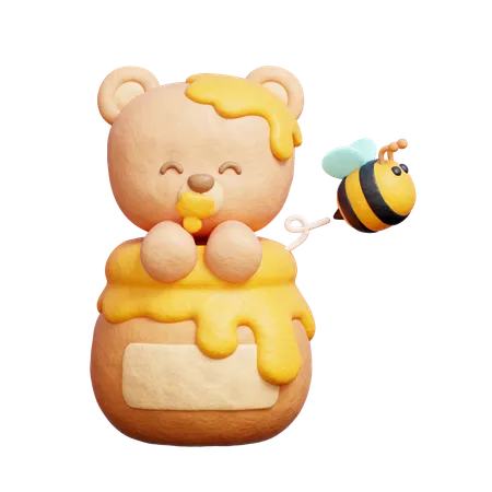 3 D Cute Bear With Honey Jar Spring Season 3 D Rendering 3D Icon
