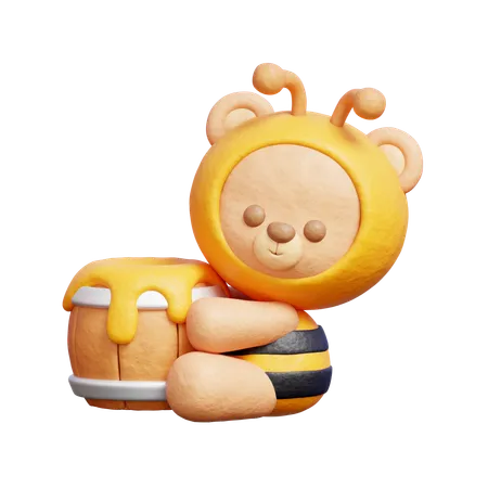 3 D Cute Bear With Honey Jar Spring Season 3 D Rendering 3D Icon