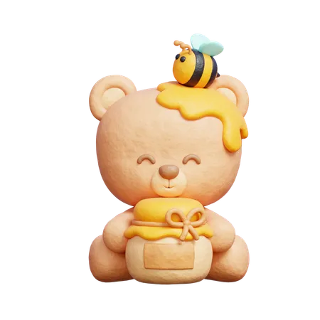 Cute Bear With Honey Jar  3D Icon