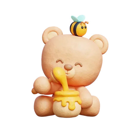 Cute Bear With Honey Jar  3D Icon