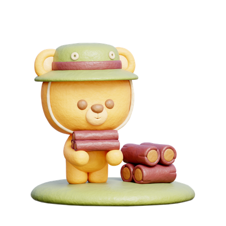 Cute Bear With Wood Logs  3D Illustration