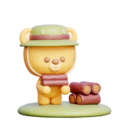 3 D Cute Bear With Wood Logs Outdoor Camping Hiking Adventure Holiday Vacation 3D Illustration