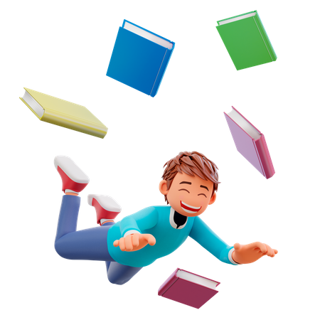 Cute boy fall with many books 3D Illustration