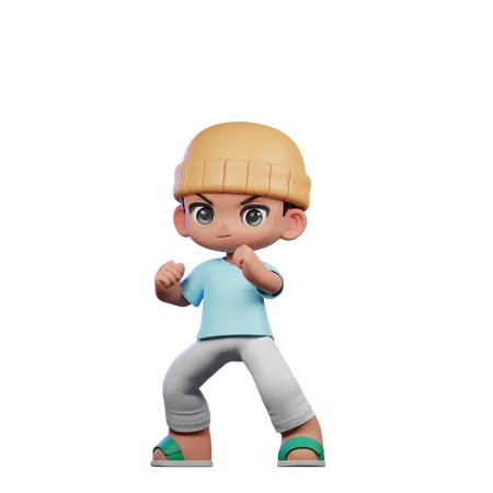 Cute Boy Giving Ready Fight Pose  3D Illustration