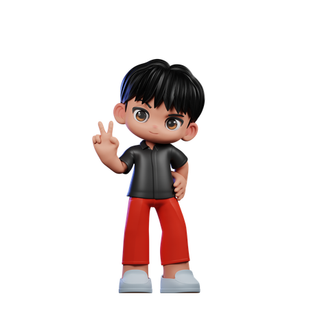 Cute Boy Giving Showing Peace Sign Pose  3D Illustration