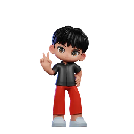 Cute Boy Giving Showing Peace Sign Pose  3D Illustration
