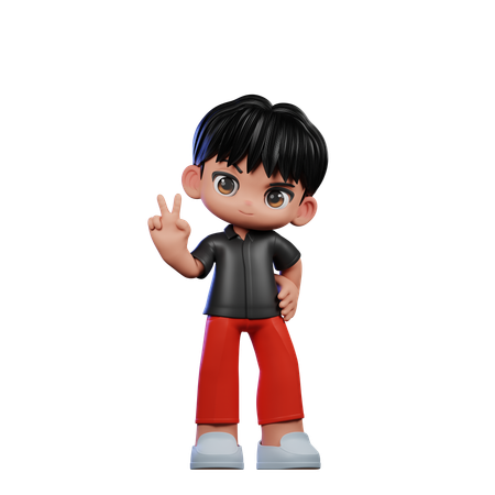 Cute Boy Giving Showing Peace Sign Pose  3D Icon