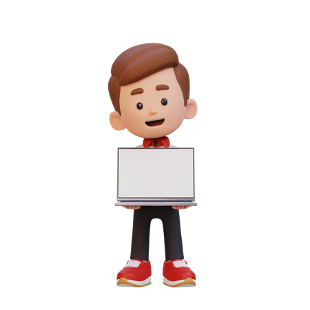 Cute Boy Holding And Presenting To Laptop With Empty Screen  3D Icon