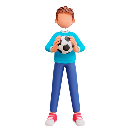 Cute Boy holding football  3D Illustration