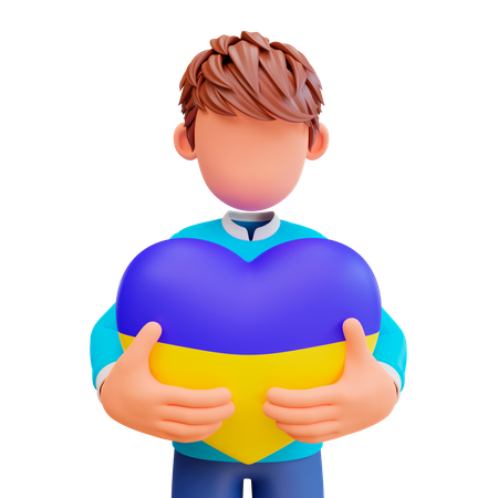 Cute Boy holding heart shaped balloon with Ukraine flag color  3D Icon