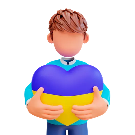 Cute Boy holding heart shaped balloon with Ukraine flag color  3D Illustration