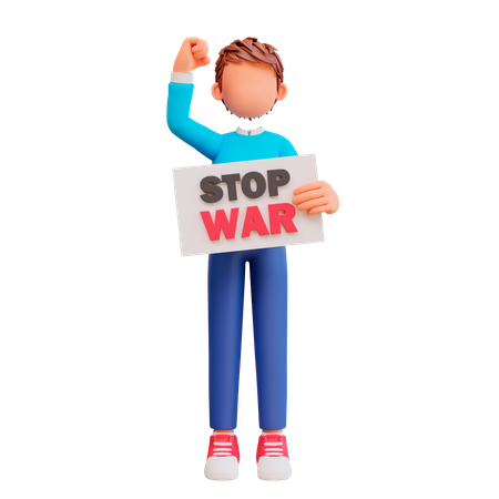 Cute Boy holding stop war poster  3D Illustration