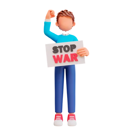 Cute Boy holding stop war poster  3D Illustration