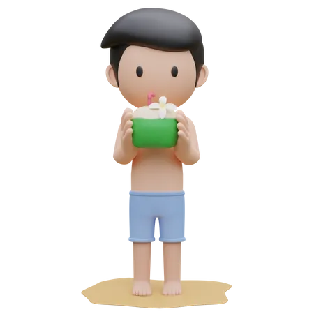 Cute boy holding the coconut on the beach in summer  3D Illustration