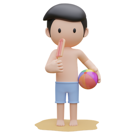 Cute boy holding the ice cream and beach ball on the beach in summer  3D Illustration