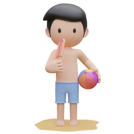 Cute boy holding the ice cream and beach ball on the beach in summer  3D Icon