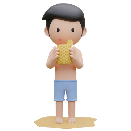 Cute boy holding the pineapple on the beach in summer  3D Illustration