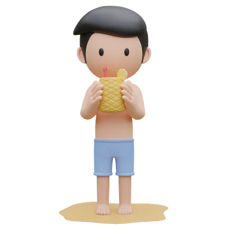 Cute boy holding the pineapple on the beach in summer  3D Illustration