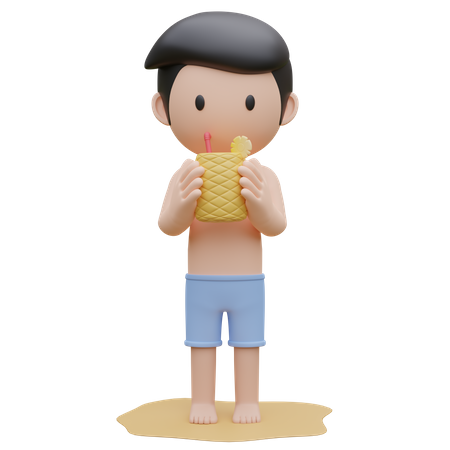 Cute boy holding the pineapple on the beach in summer  3D Icon